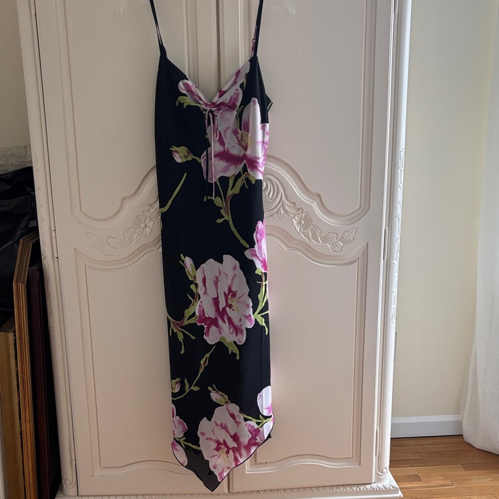 Black Slip Dress with Pink Floral Print